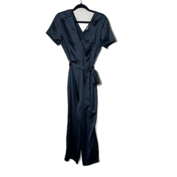 Prologue Black Satin Jumpsuit 1970s MOD Chic Disco Glam Size 12 Short Sleeve Y2K - Picture 1 of 9